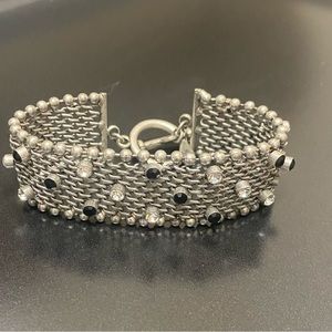 Chico’s Mesh Stilver Tone Bracelet with Black & White Crystal Studs